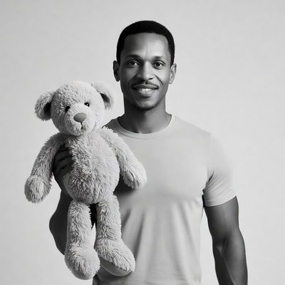 African-American man holding teddy bear
