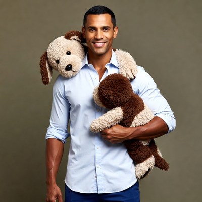 Man hugging two plush dogs