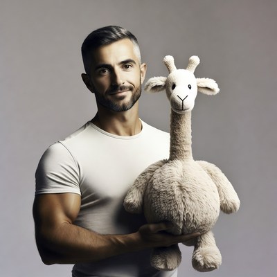 Man holding plush giraffe toy