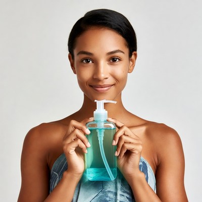 African-American woman holding hand sanitizer