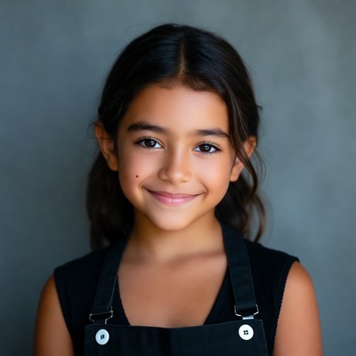 Smiling Latina girl in black overalls