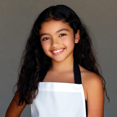 Smiling girl wearing white apron