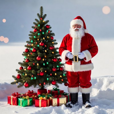 Santa Claus with Christmas tree and gifts