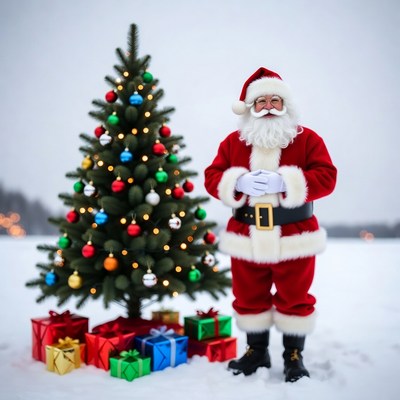 Santa Claus with Christmas tree and gifts