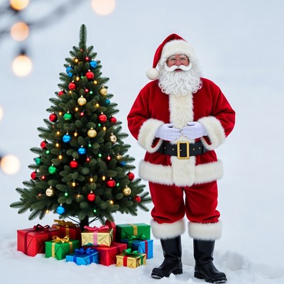 Santa Claus with Christmas tree and gifts