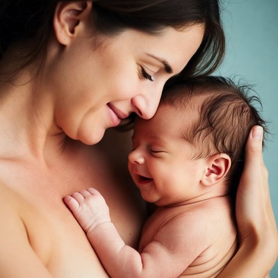 Mother holding smiling newborn baby