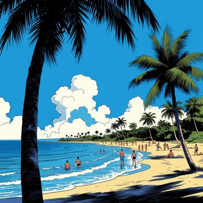 Tropical beach with palm trees and people
