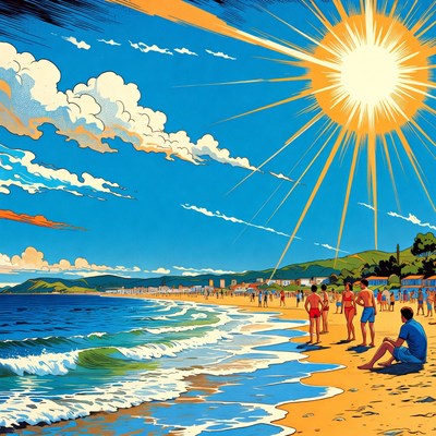 Vibrant beach scene with sunbathers