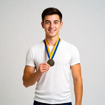 Smiling young man holding gold medal