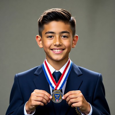 Boy holding gold medal in suit