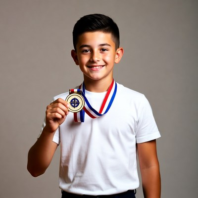 Boy holding gold medal