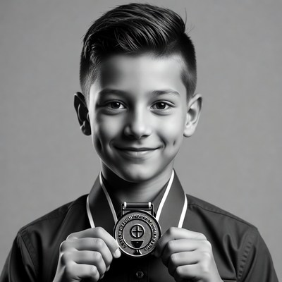 Boy holding medal