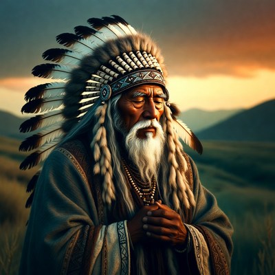 Elderly Native American chief in sunset landscape