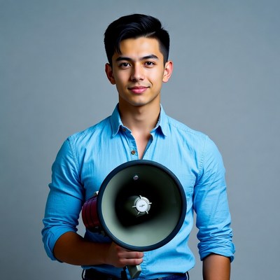 Young Asian man holding megaphone