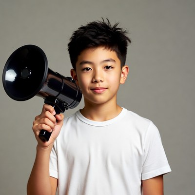 Asian boy holding megaphone