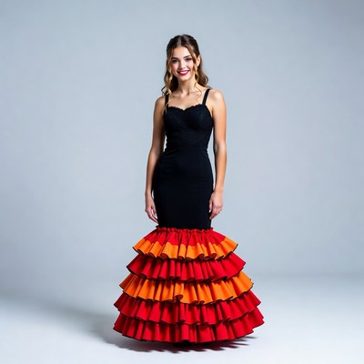 Woman in black flamenco dress with ruffles