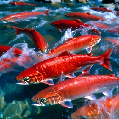 Red Salmon Swimming Upstream