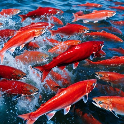 School of Red Salmon Swimming Upstream