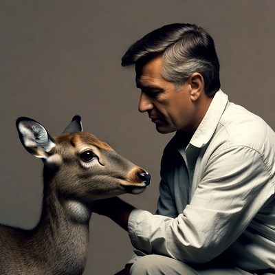 Man petting young antelope