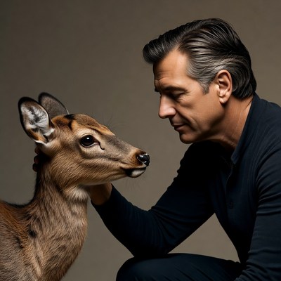 Man petting young impala fawn