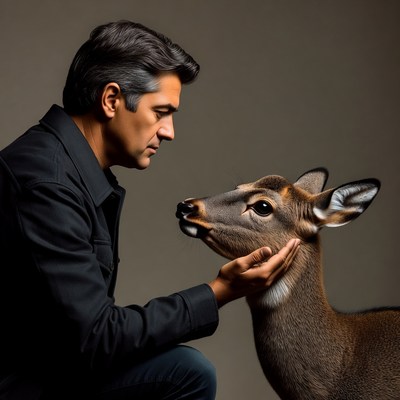 Man petting young deer