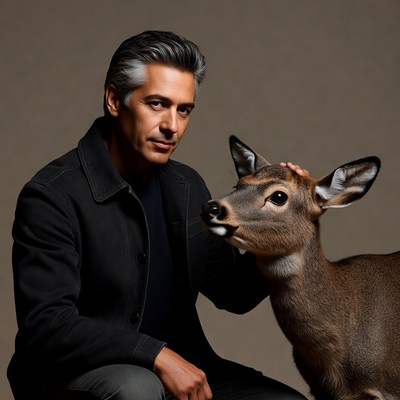 Man petting young deer