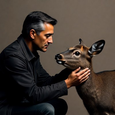 Man petting young deer