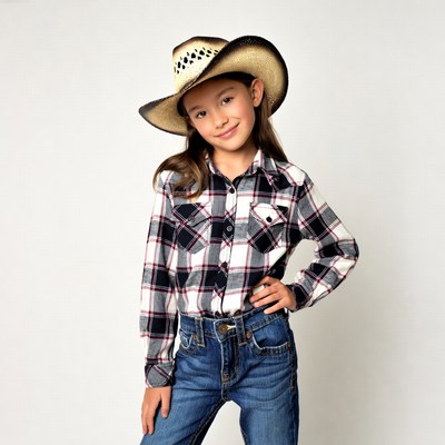 Girl in cowboy hat and plaid shirt