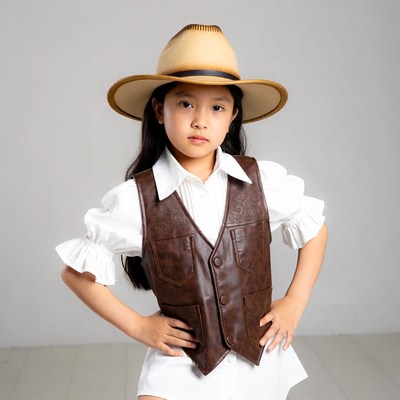 Asian girl in cowboy hat and vest