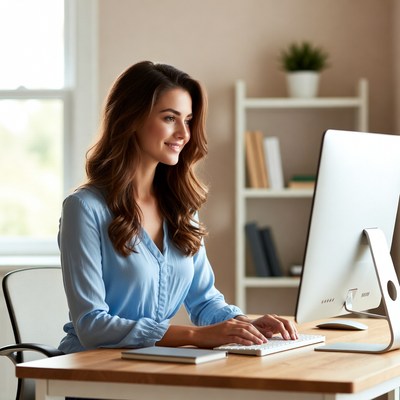 Woman working on computer at desk