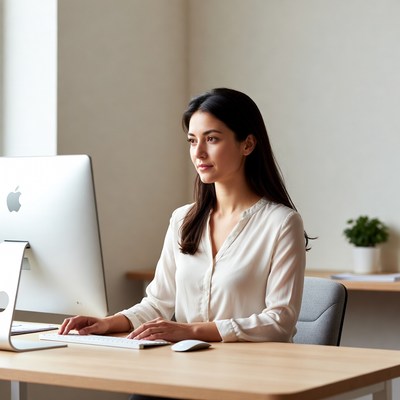 Asian woman working on iMac computer