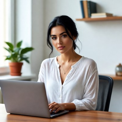 Woman working on laptop at desk