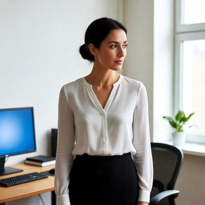Woman in white blouse black skirt office