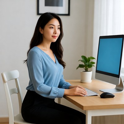 Asian woman working at computer desk