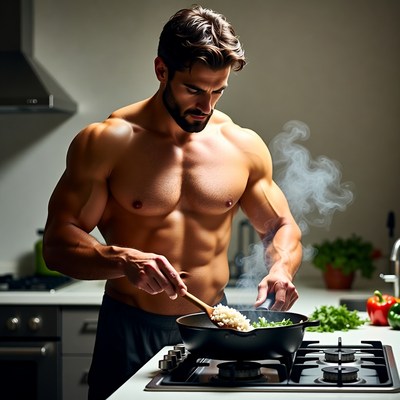 Muscular man cooking shirtless in kitchen