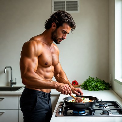Muscular man cooking shirtless