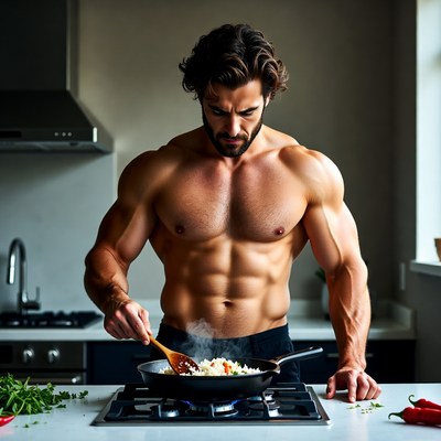 Muscular man cooking shirtless in kitchen