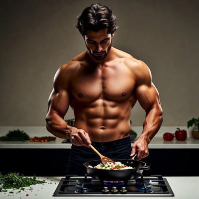Muscular man cooking shirtless