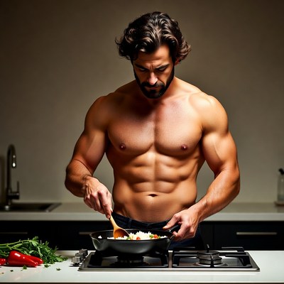 Muscular man cooking shirtless in kitchen