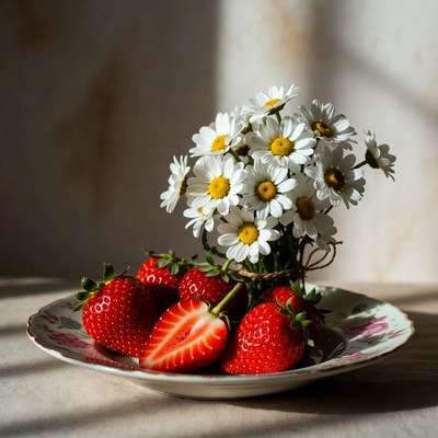 Strawberries and Daisies on Plate