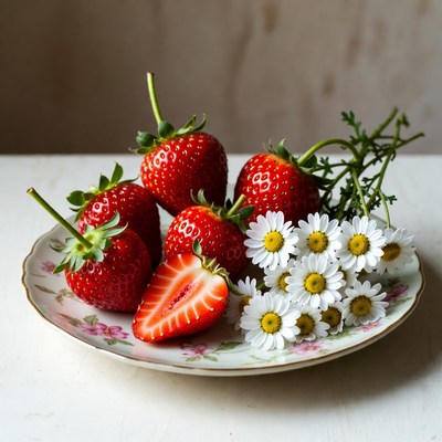 Fresh strawberries and daisies on plate