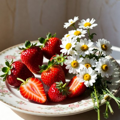 Strawberries and Daisies on Plate