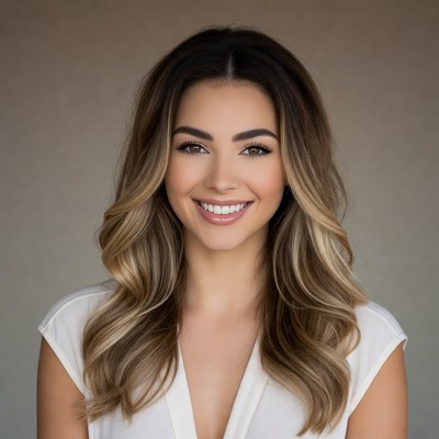Smiling woman with wavy balayage hair
