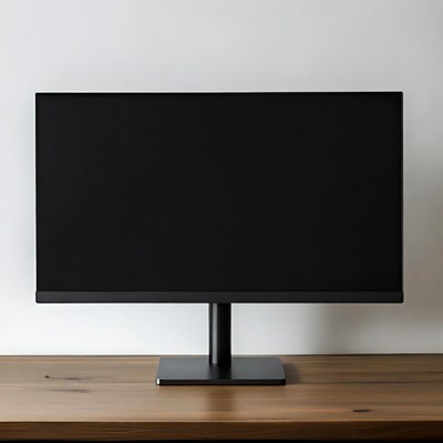 Black monitor on wooden desk