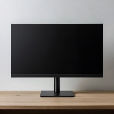 Black monitor on wooden desk