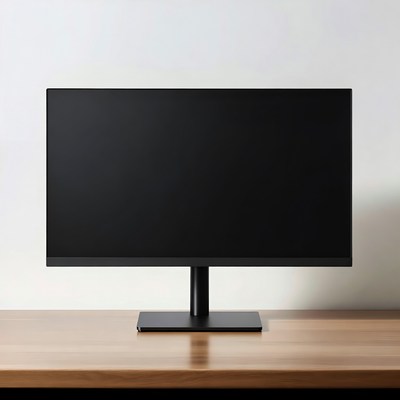 Black monitor on wooden desk