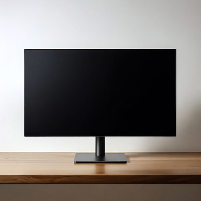 Black monitor on wooden desk