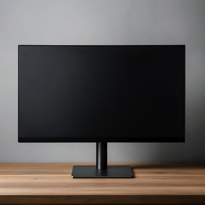 Black monitor on wooden desk