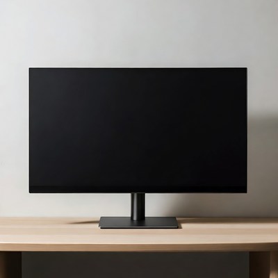 Black monitor on wooden desk