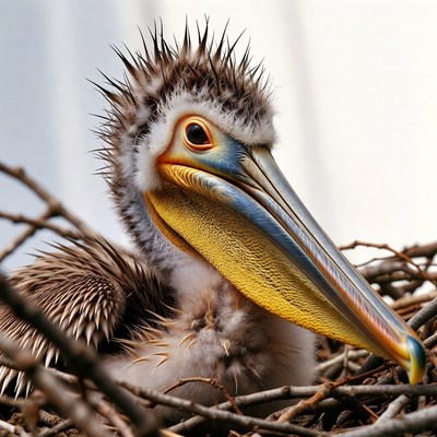 Baby pelican with spiky feathers in nest